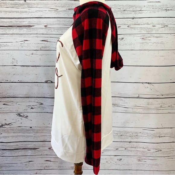Boutique 'Let It Snow' Cowl Neck Hoodie w/ Plaid Sleeves Size Small - Picture 4 of 7